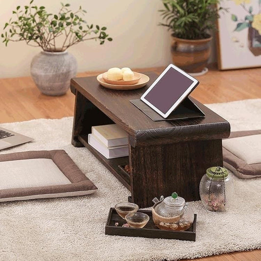 Traditional Japanese Foldable Solid Wood Rounded Rectangle Coffee Table 2-Tier For Living Room