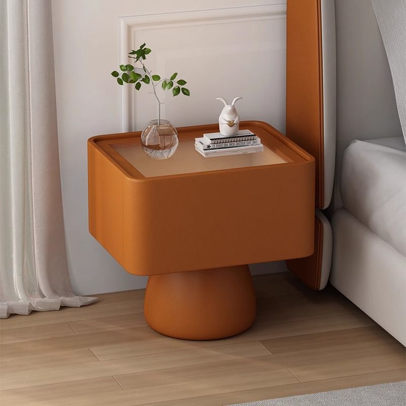 Modern Minimalist Solid Wood Plywood Density Board Microfiber Leather & Glass Cream Style Rectangular-Cylinder Nightstand With 1-Drawer For Bedroom