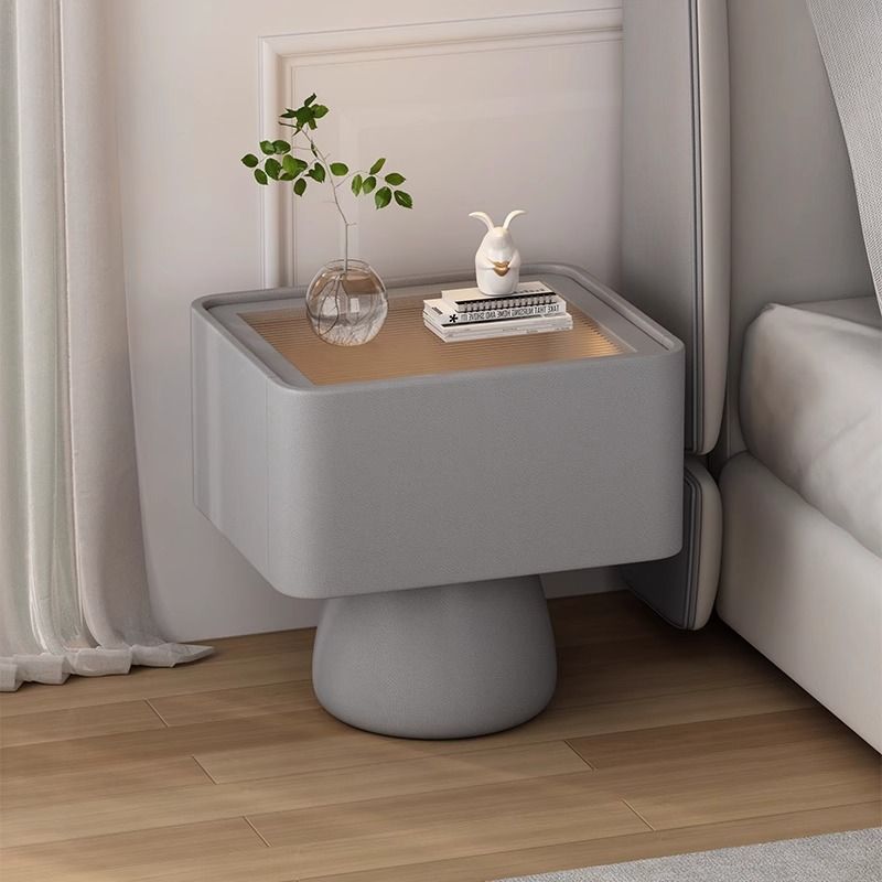 Modern Minimalist Solid Wood Plywood Density Board Microfiber Leather & Glass Cream Style Rectangular-Cylinder Nightstand With 1-Drawer For Bedroom