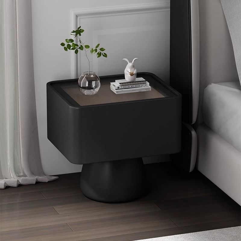 Modern Minimalist Solid Wood Plywood Density Board Microfiber Leather & Glass Cream Style Rectangular-Cylinder Nightstand With 1-Drawer For Bedroom