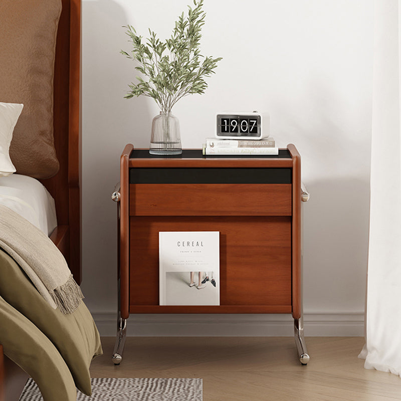 Traditional Vintage Wood, Rock Slab & Stainless Steel Rectangular Nightstand With 2-Drawer For Bedroom