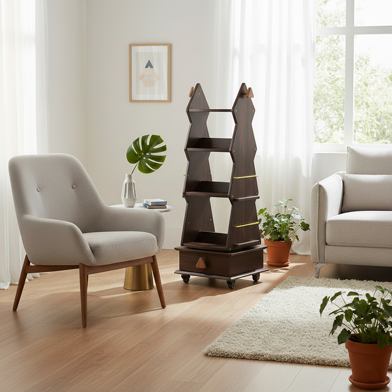 Traditional Rustic Christmas Tree Solid Wood Rubberwood Metal Movable Floor-Standing Bookshelf 4-Shelf For Study