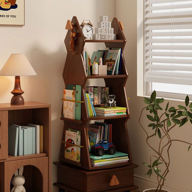 Traditional Rustic Christmas Tree Solid Wood Rubberwood Metal Movable Floor-Standing Bookshelf 4-Shelf For Study