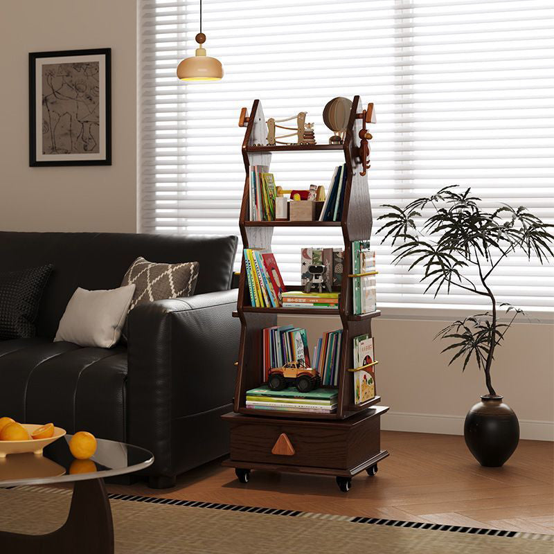 Traditional Rustic Christmas Tree Solid Wood Rubberwood Metal Movable Floor-Standing Bookshelf 4-Shelf For Study