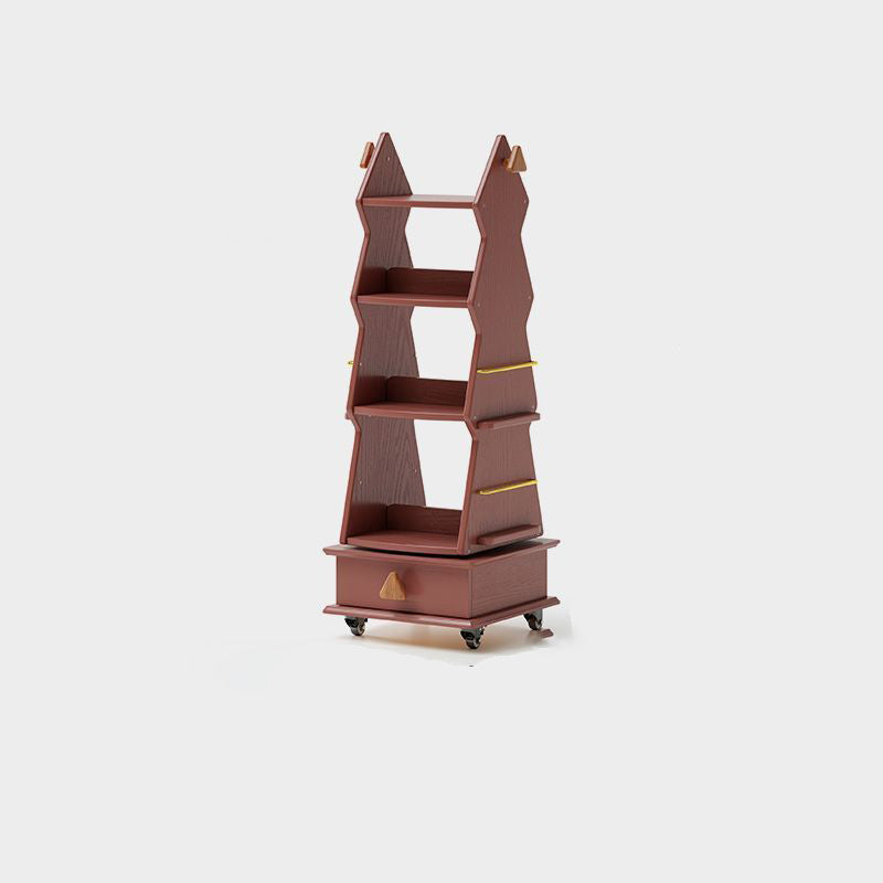 Traditional Rustic Christmas Tree Solid Wood Rubberwood Metal Movable Floor-Standing Bookshelf 4-Shelf For Study
