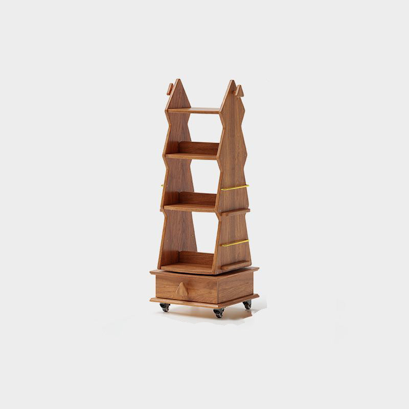 Traditional Rustic Christmas Tree Solid Wood Rubberwood Metal Movable Floor-Standing Bookshelf 4-Shelf For Study