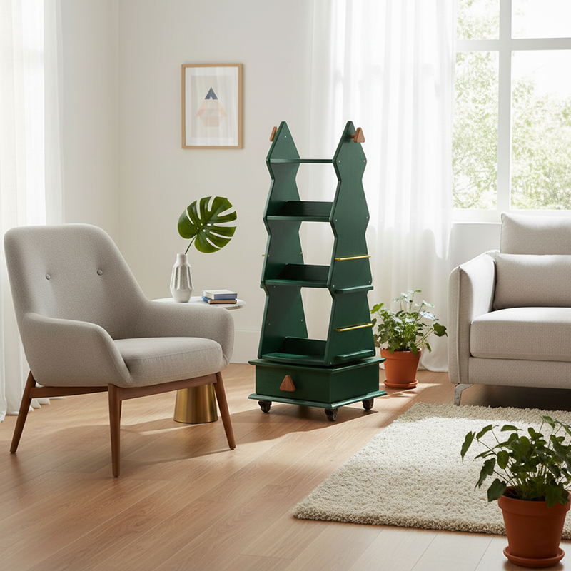 Traditional Rustic Christmas Tree Solid Wood Rubberwood Metal Movable Floor-Standing Bookshelf 4-Shelf For Study