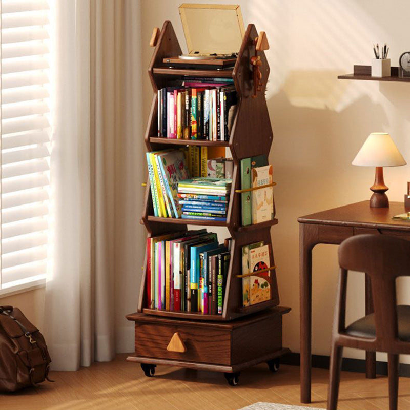 Traditional Rustic Christmas Tree Solid Wood Rubberwood Metal Movable Floor-Standing Bookshelf 4-Shelf For Study