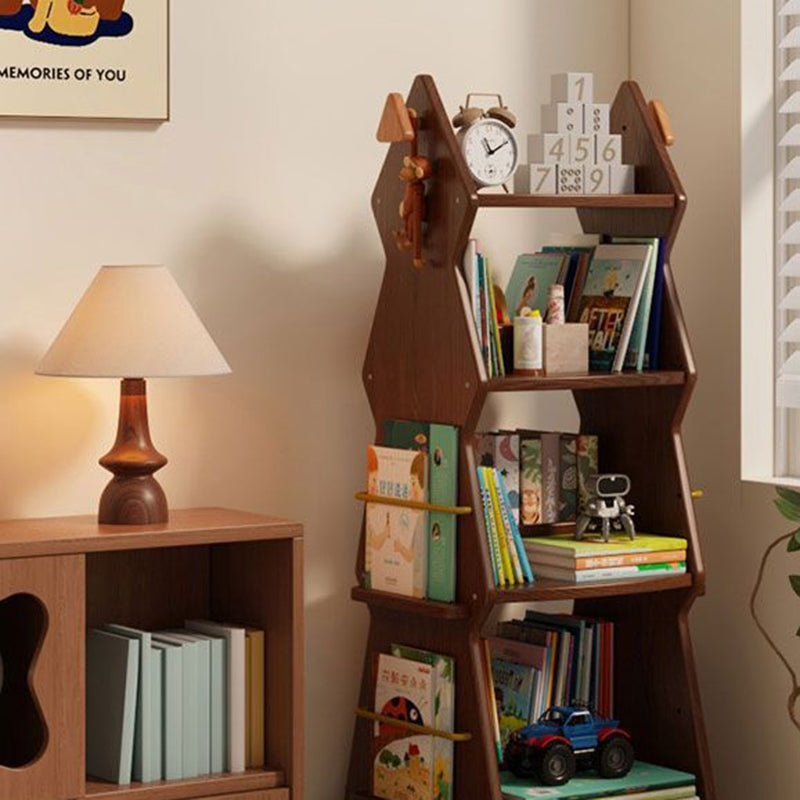 Traditional Rustic Christmas Tree Solid Wood Rubberwood Metal Movable Floor-Standing Bookshelf 4-Shelf For Study