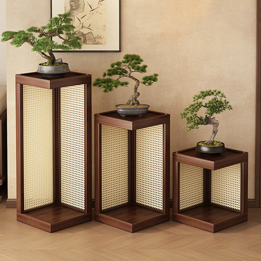 Traditional Rustic Rubberwood Plastic Rattan Weaving Rectangular Floor-Standing Storage Display Rack 2-Tier For Living Room