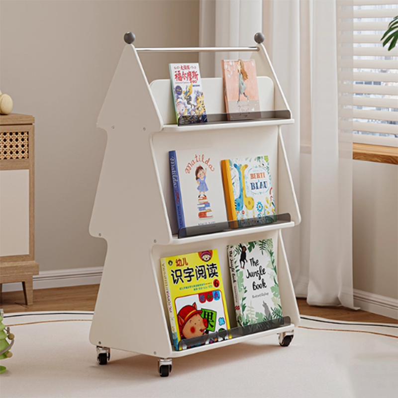 Contemporary Creative Christmas Tree Solid Wood Particle Board Acrylic Iron Kids Movable Bookshelf 3-Tier For Study