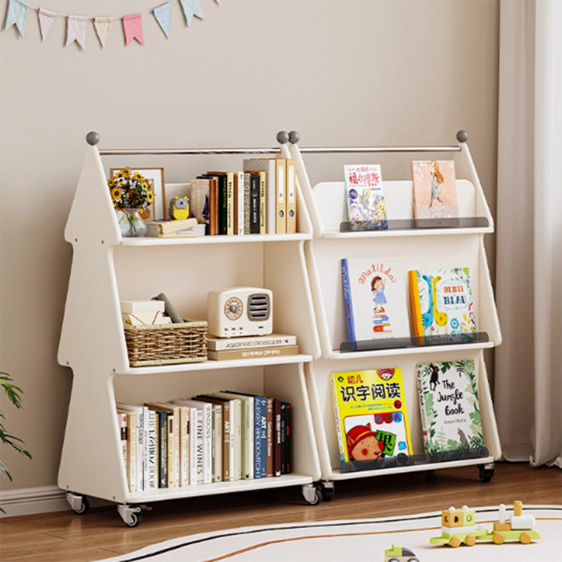 Contemporary Creative Christmas Tree Solid Wood Particle Board Acrylic Iron Kids Movable Bookshelf 3-Tier For Study