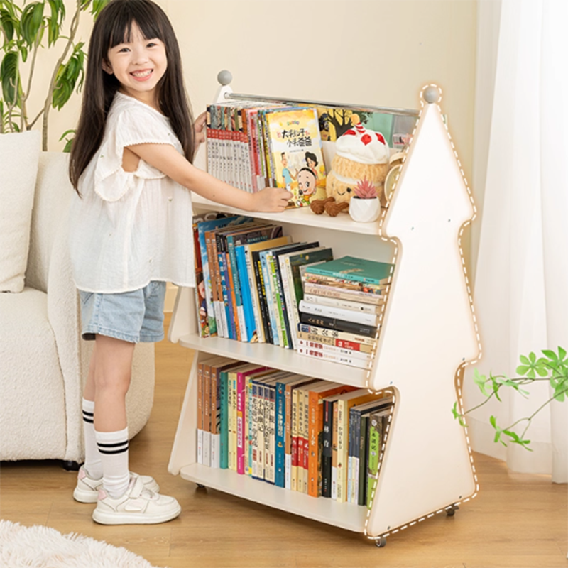 Contemporary Creative Christmas Tree Solid Wood Particle Board Acrylic Iron Kids Movable Bookshelf 3-Tier For Study