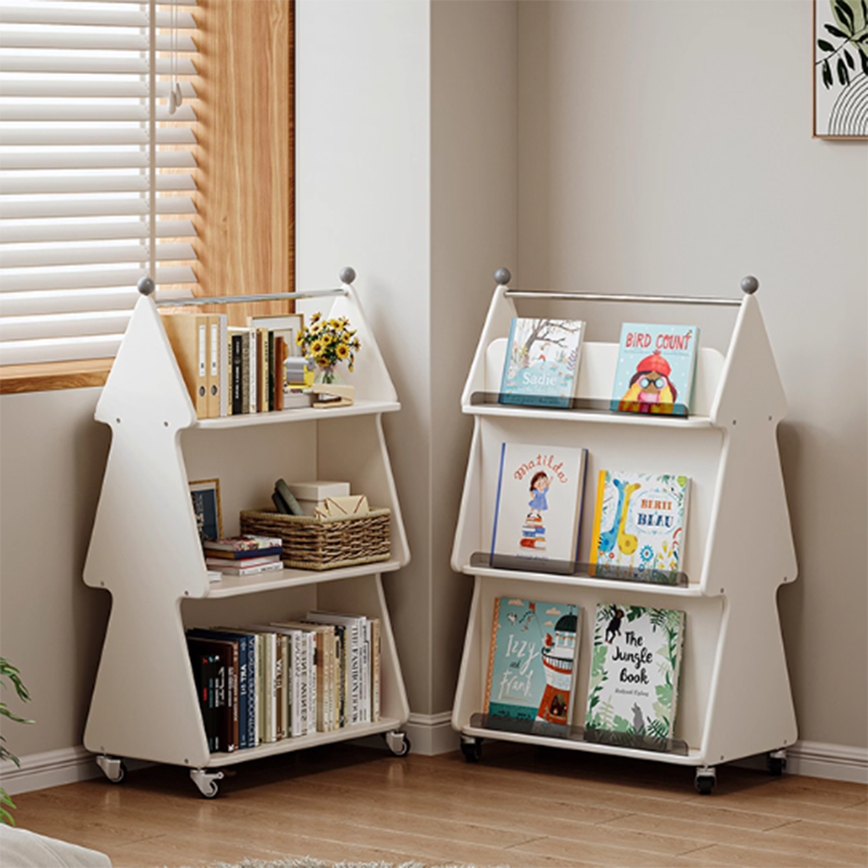 Contemporary Creative Christmas Tree Solid Wood Particle Board Acrylic Iron Kids Movable Bookshelf 3-Tier For Study