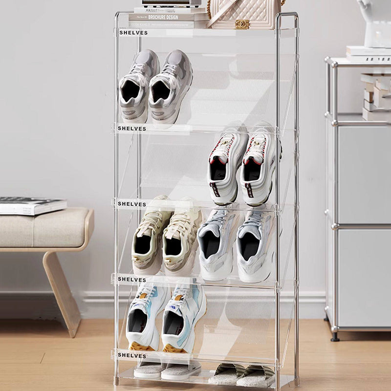 Modern Minimalist Slim Rectangular Plastic Stainless Steel Tilted Design Shoe Rack 4/5/6-Tier For Hallway
