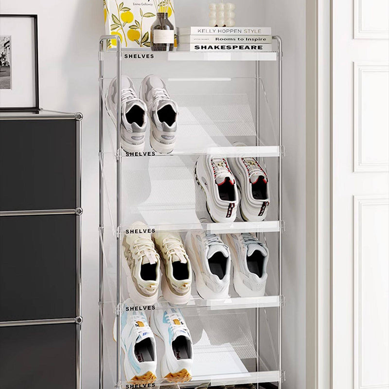 Modern Minimalist Slim Rectangular Plastic Stainless Steel Tilted Design Shoe Rack 4/5/6-Tier For Hallway