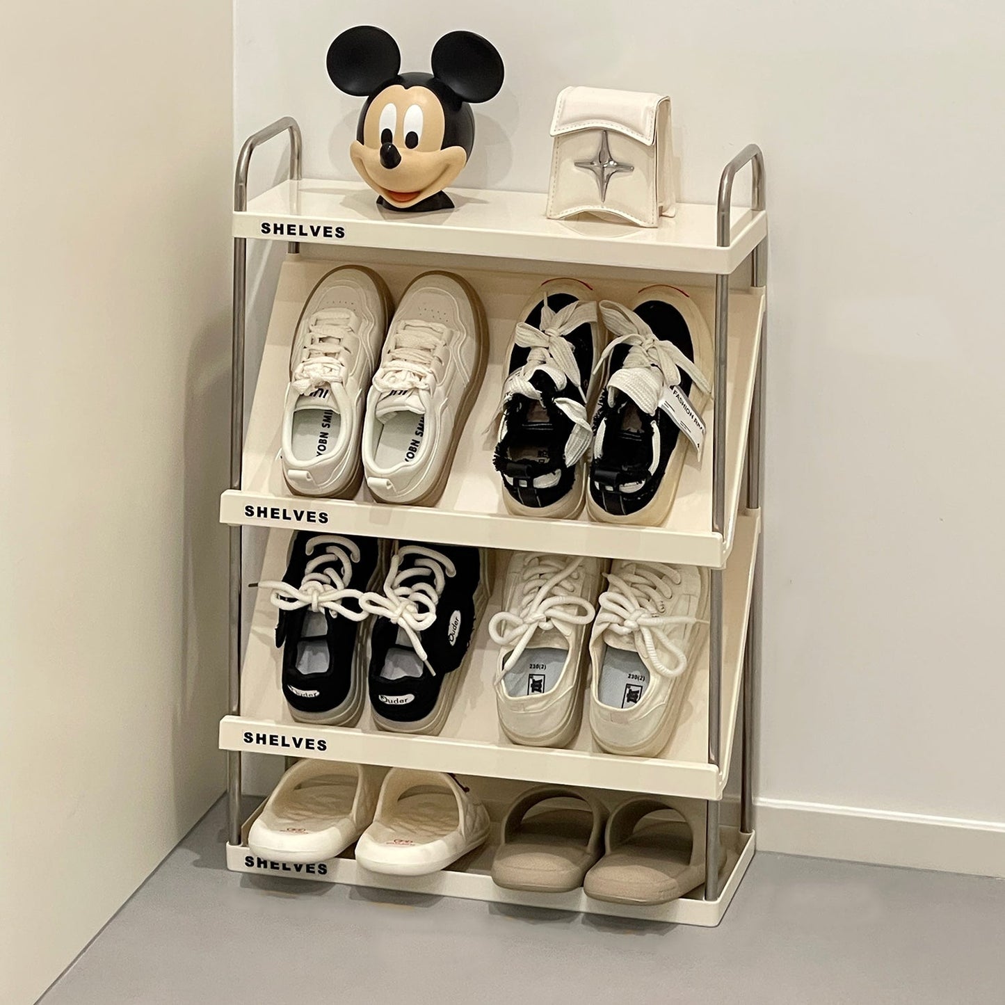 Modern Minimalist Slim Rectangular Plastic Stainless Steel Tilted Design Shoe Rack 4/5/6-Tier For Hallway