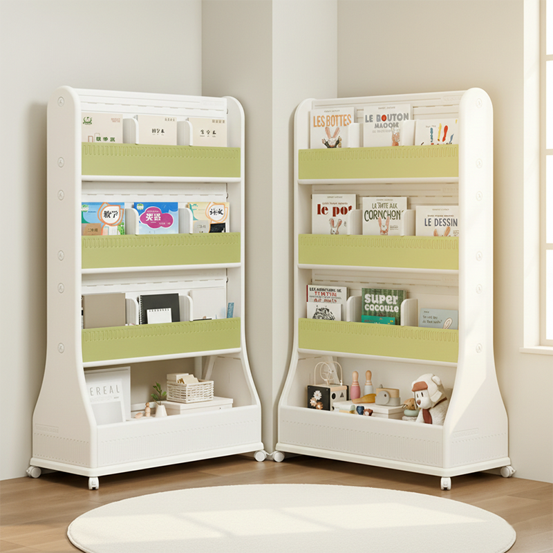Modern Minimalist Eco-Friendly HDPE Curved Edge Rectangular Movable Bookshelf 3-Tier For Study