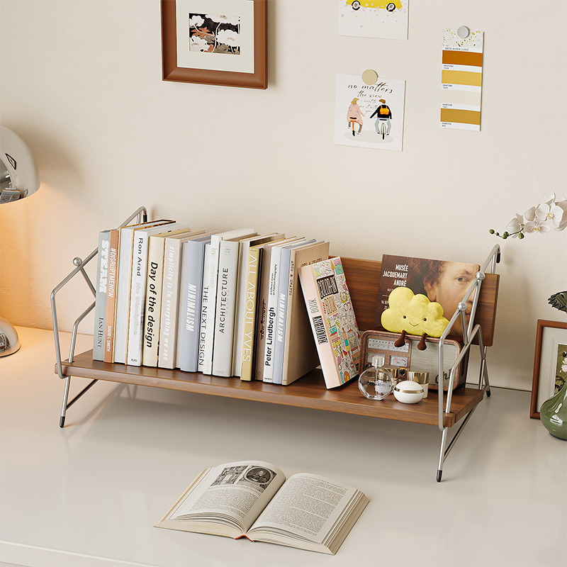Modern Minimalist Plywood Stainless Steel Carbon Steel Rectangular Lightweight Desktop Bookshelf 1-Layer For Bedroom & Study