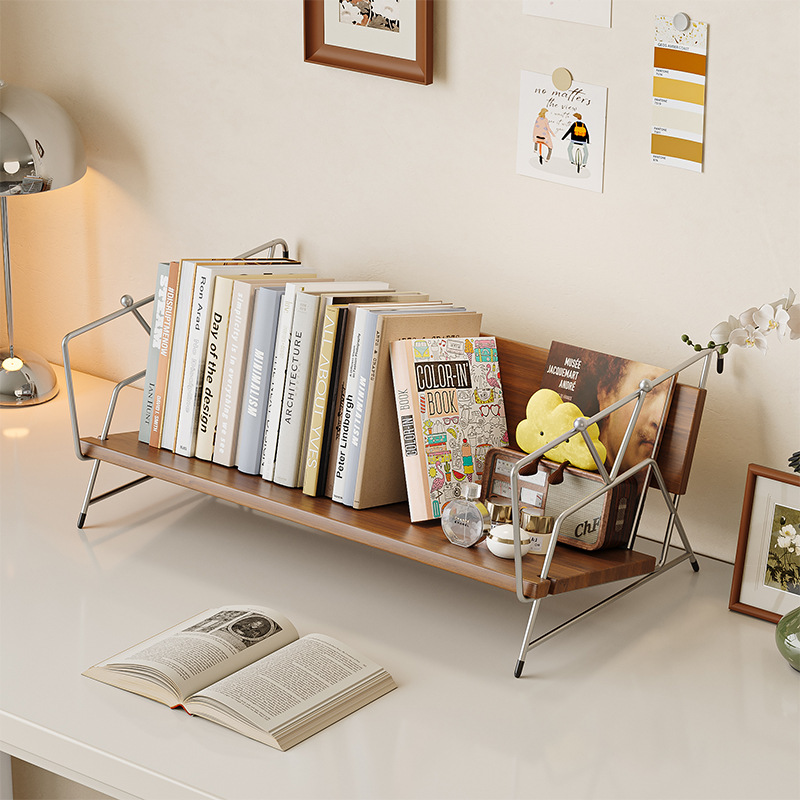 Modern Minimalist Plywood Stainless Steel Carbon Steel Rectangular Lightweight Desktop Bookshelf 1-Layer For Bedroom & Study