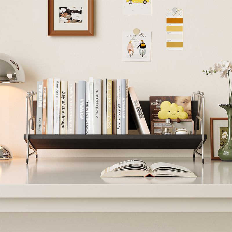 Modern Minimalist Plywood Stainless Steel Carbon Steel Rectangular Lightweight Desktop Bookshelf 1-Layer For Bedroom & Study