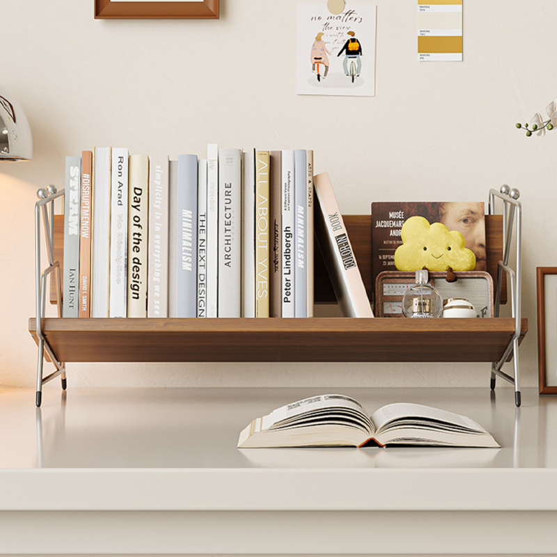 Modern Minimalist Plywood Stainless Steel Carbon Steel Rectangular Lightweight Desktop Bookshelf 1-Layer For Bedroom & Study