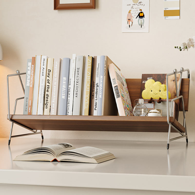 Modern Minimalist Plywood Stainless Steel Carbon Steel Rectangular Lightweight Desktop Bookshelf 1-Layer For Bedroom & Study