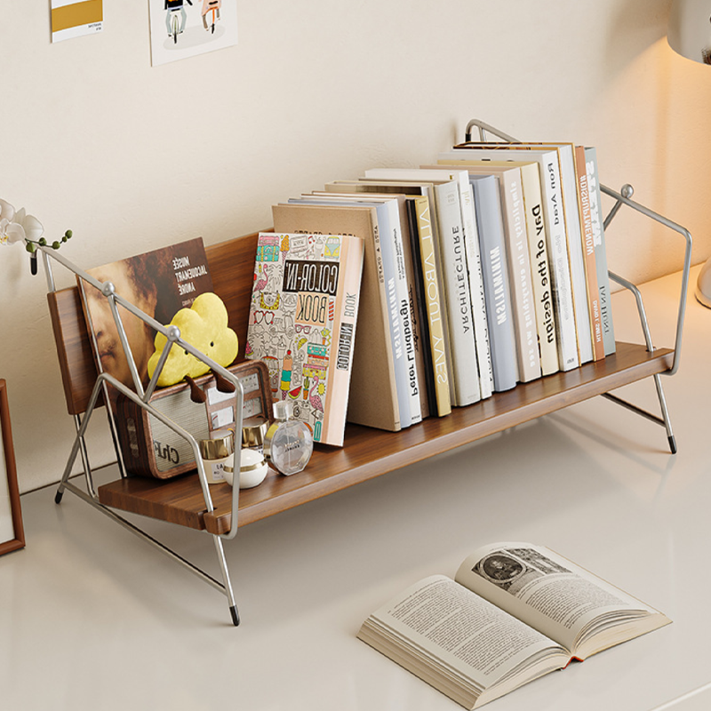 Modern Minimalist Plywood Stainless Steel Carbon Steel Rectangular Lightweight Desktop Bookshelf 1-Layer For Bedroom & Study