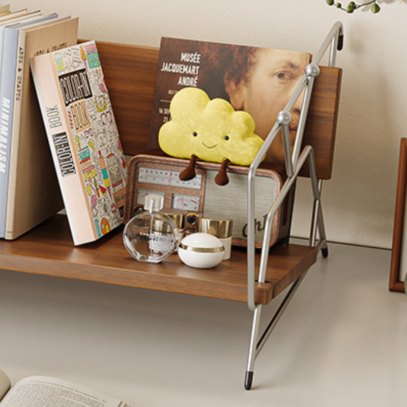 Modern Minimalist Plywood Stainless Steel Carbon Steel Rectangular Lightweight Desktop Bookshelf 1-Layer For Bedroom & Study