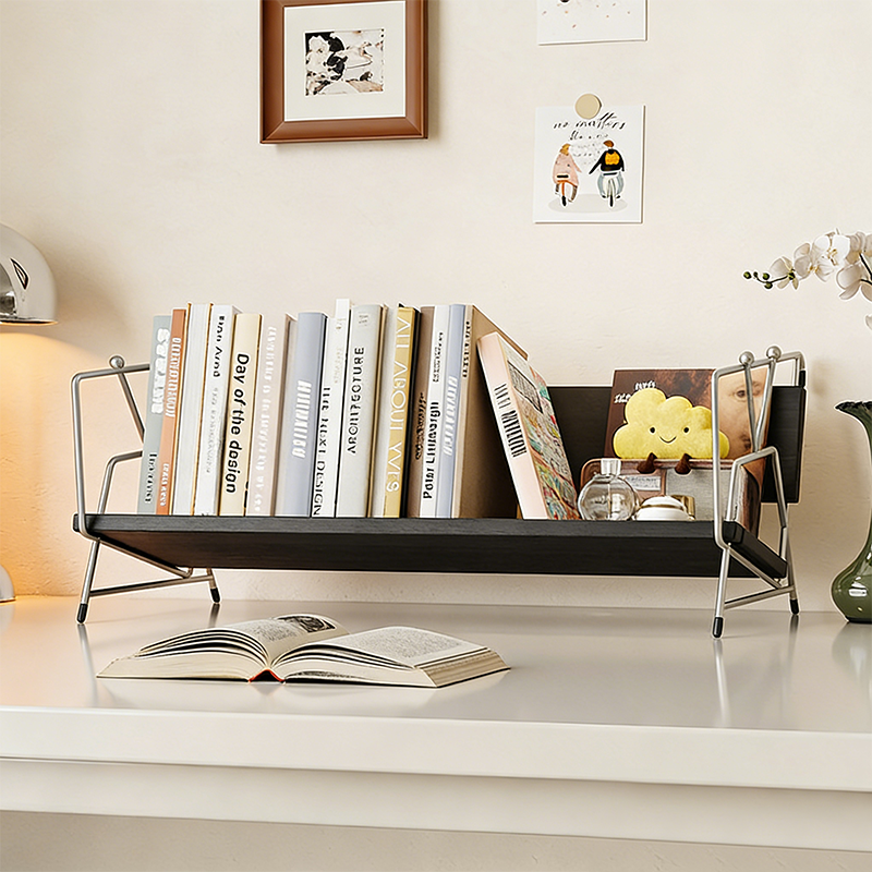 Modern Minimalist Plywood Stainless Steel Carbon Steel Rectangular Lightweight Desktop Bookshelf 1-Layer For Bedroom & Study