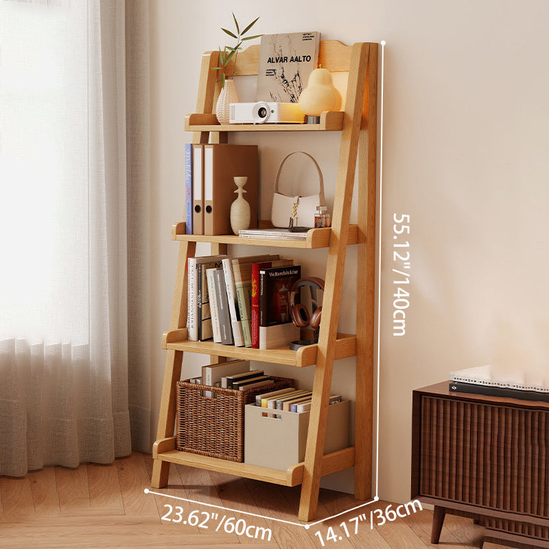 Traditional Japanese Rubberwood Rectangular Triangle Frame Floor-Standing Bookshelf 4-Tier For Living Room & Study