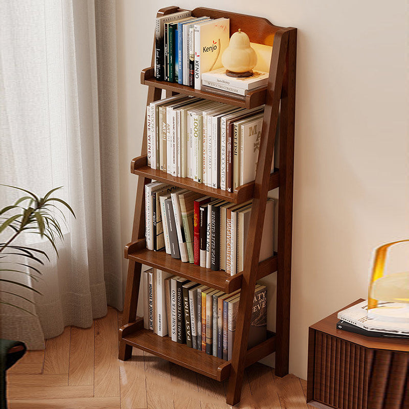 Traditional Japanese Rubberwood Rectangular Triangle Frame Floor-Standing Bookshelf 4-Tier For Living Room & Study
