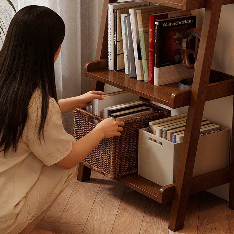 Traditional Japanese Rubberwood Rectangular Triangle Frame Floor-Standing Bookshelf 4-Tier For Living Room & Study