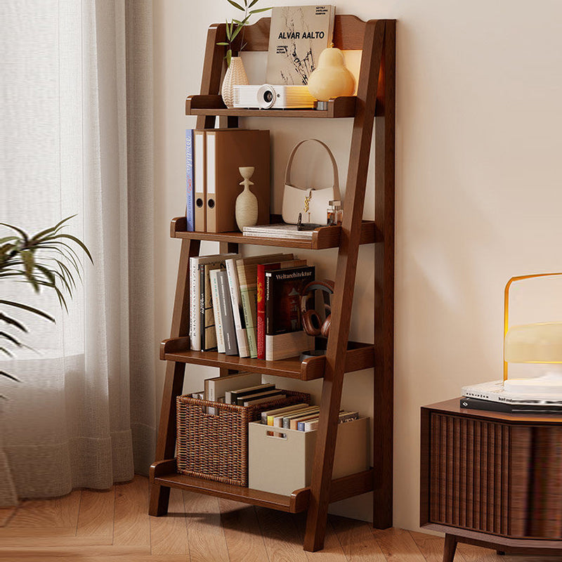 Traditional Japanese Rubberwood Rectangular Triangle Frame Floor-Standing Bookshelf 4-Tier For Living Room & Study