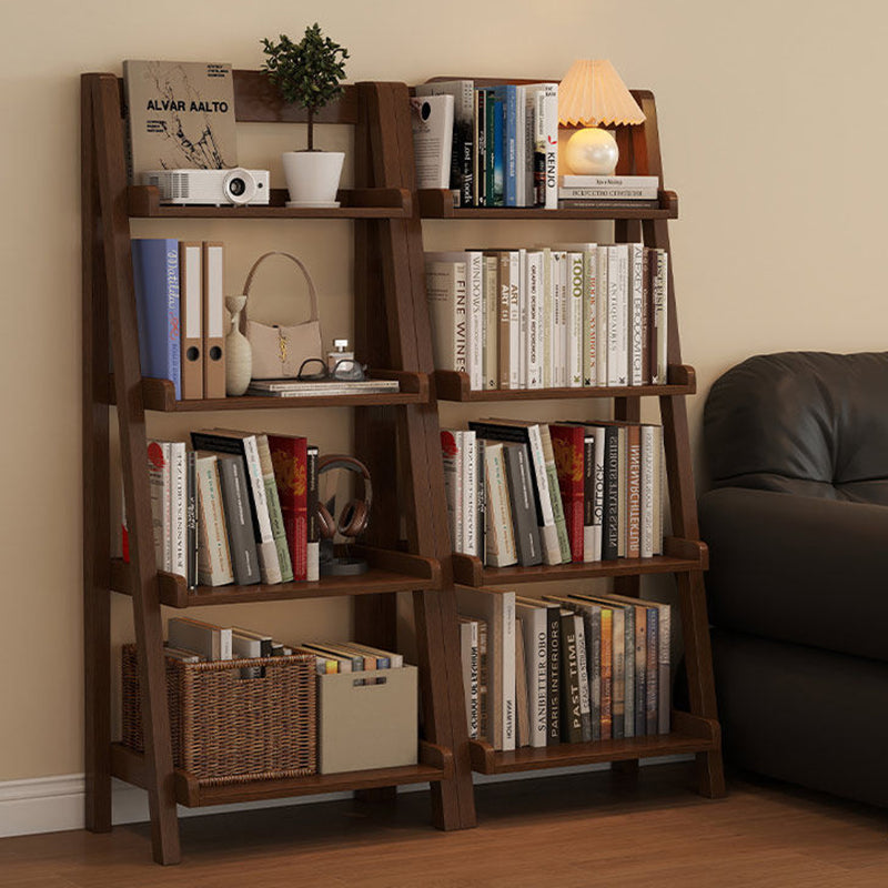 Traditional Japanese Rubberwood Rectangular Triangle Frame Floor-Standing Bookshelf 4-Tier For Living Room & Study