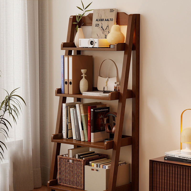 Traditional Japanese Rubberwood Rectangular Triangle Frame Floor-Standing Bookshelf 4-Tier For Living Room & Study