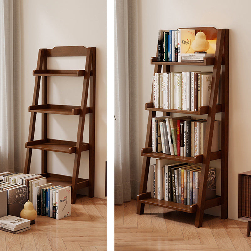 Traditional Japanese Rubberwood Rectangular Triangle Frame Floor-Standing Bookshelf 4-Tier For Living Room & Study
