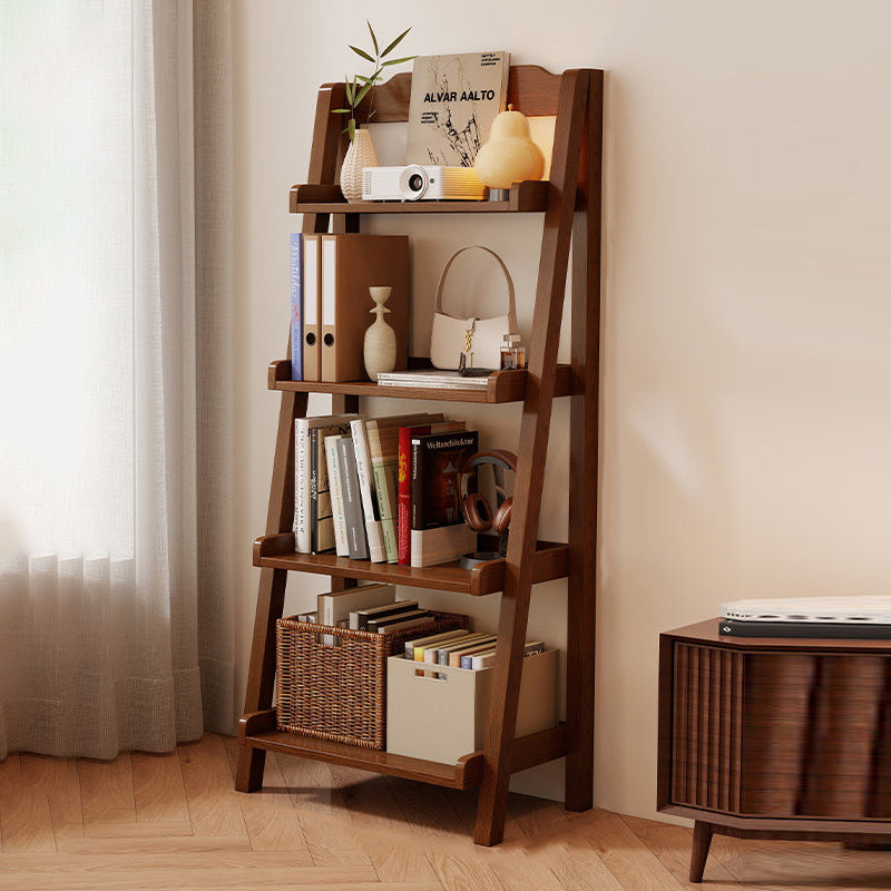 Traditional Japanese Rubberwood Rectangular Triangle Frame Floor-Standing Bookshelf 4-Tier For Living Room & Study