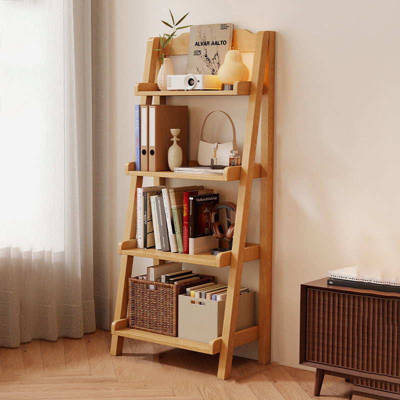 Traditional Japanese Rubberwood Rectangular Triangle Frame Floor-Standing Bookshelf 4-Tier For Living Room & Study