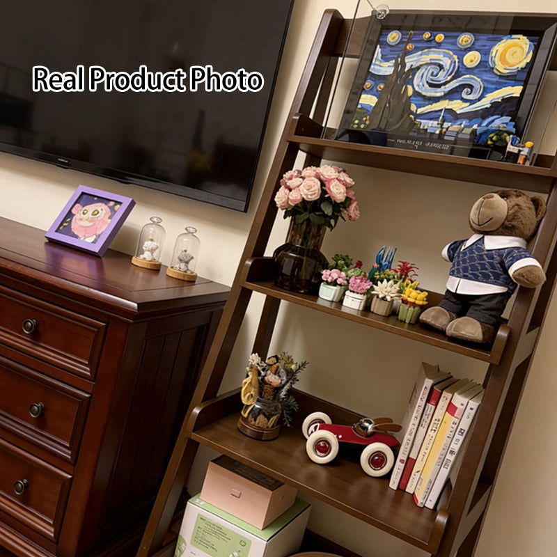 Traditional Japanese Rubberwood Rectangular Triangle Frame Floor-Standing Bookshelf 4-Tier For Living Room & Study