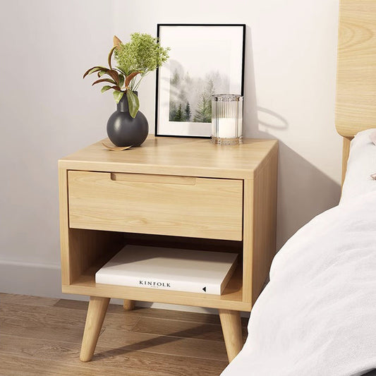 Modern Minimalist Rubberwood Rounded Square Nightstand With 1 Drawer For Bedroom Storage