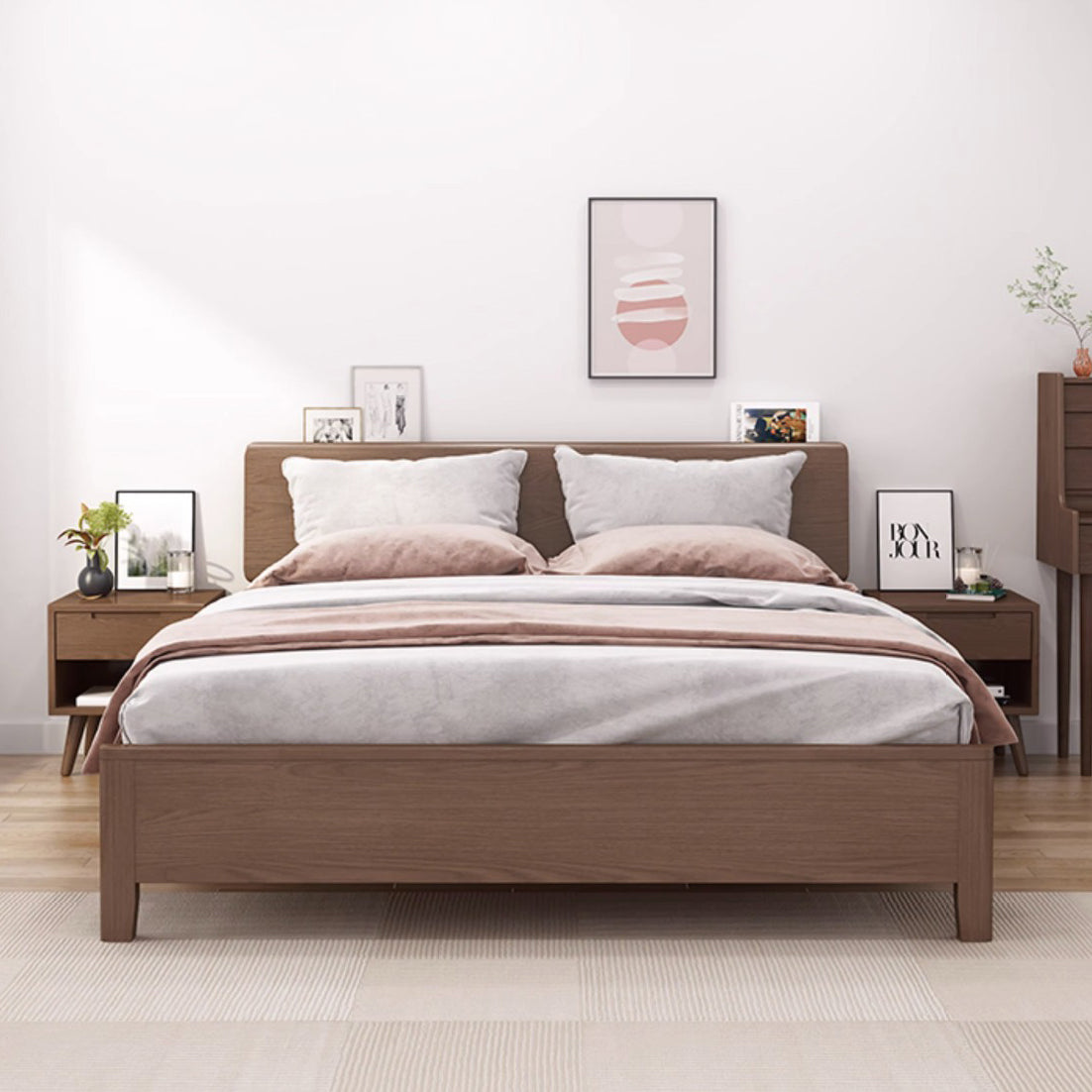 Modern Minimalist Rubberwood Rounded Square Nightstand With 1 Drawer For Bedroom Storage