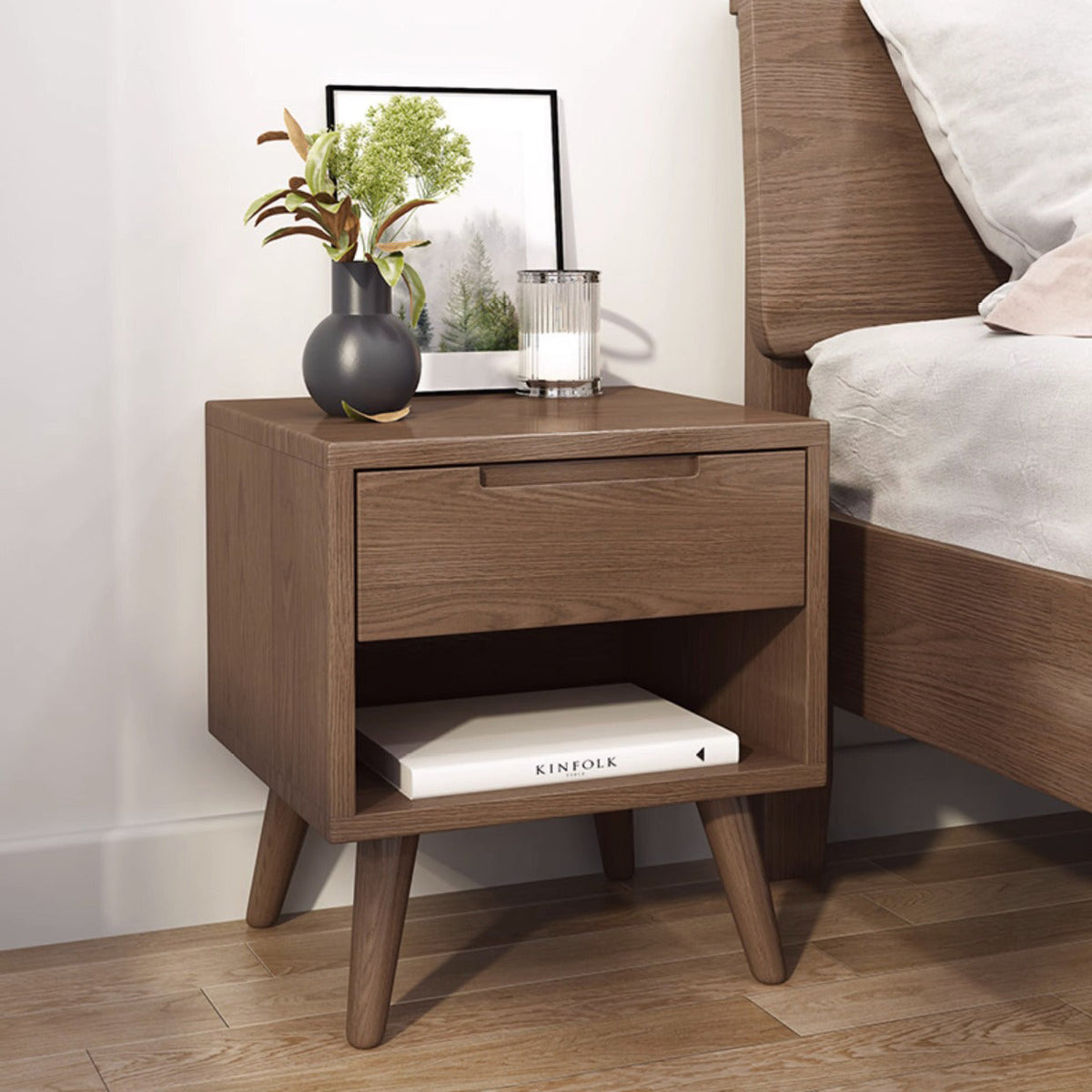 Modern Minimalist Rubberwood Rounded Square Nightstand With 1 Drawer For Bedroom Storage