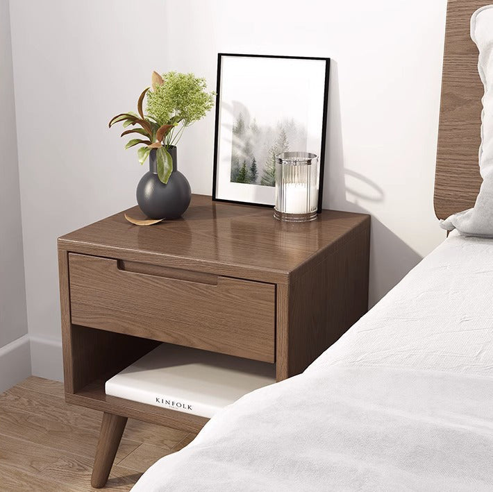 Modern Minimalist Rubberwood Rounded Square Nightstand With 1 Drawer For Bedroom Storage