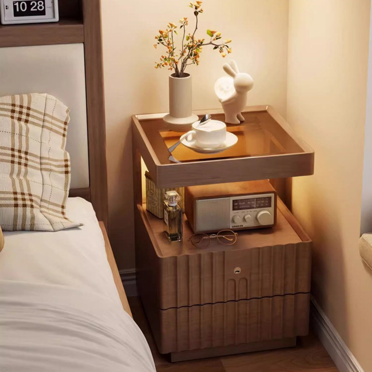 Traditional Chinese Solid Wood Glass Striped Square Nightstand With 2-Drawers For Bedroom