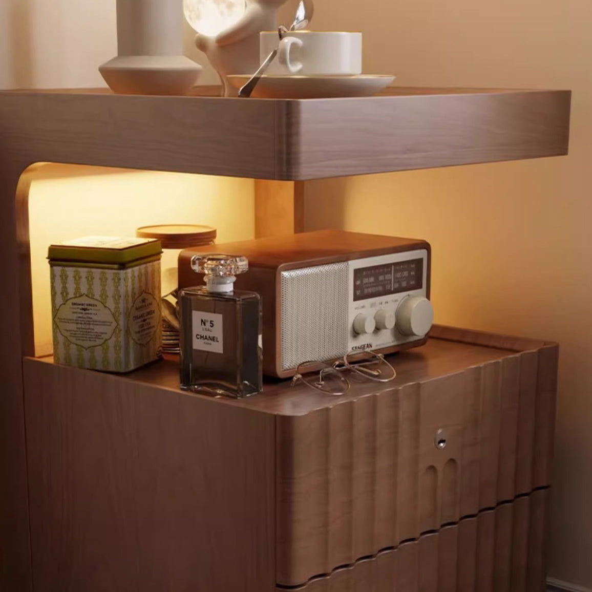 Traditional Chinese Solid Wood Glass Striped Square Nightstand With 2-Drawers For Bedroom