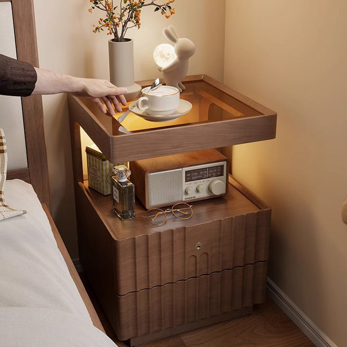 Traditional Chinese Solid Wood Glass Striped Square Nightstand With 2-Drawers For Bedroom