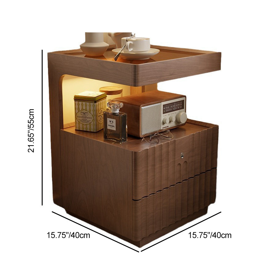 Traditional Chinese Solid Wood Glass Striped Square Nightstand With 2-Drawers For Bedroom