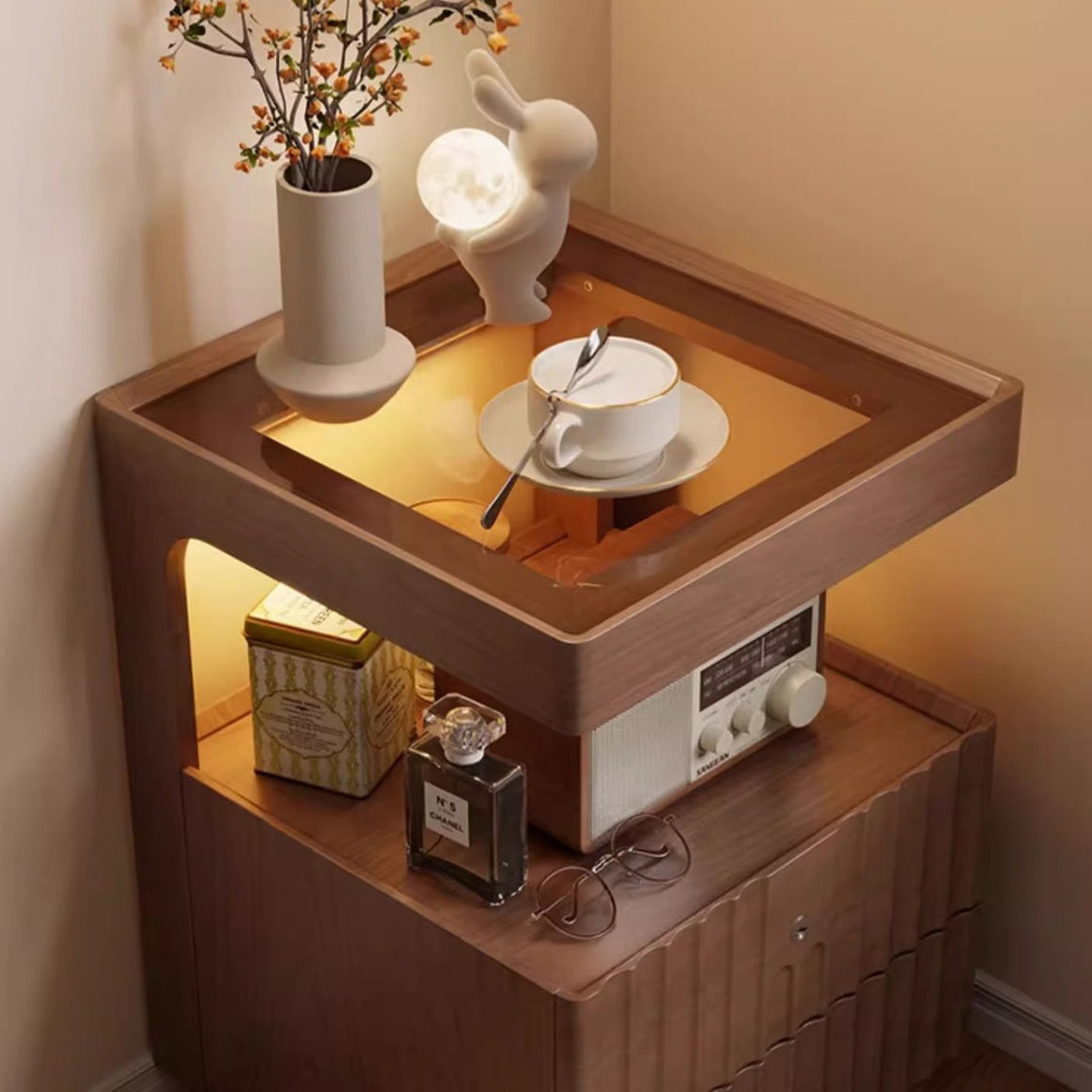 Traditional Chinese Solid Wood Glass Striped Square Nightstand With 2-Drawers For Bedroom