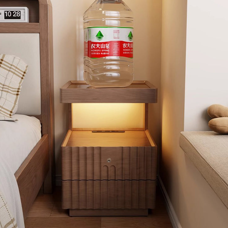 Traditional Chinese Solid Wood Glass Striped Square Nightstand With 2-Drawers For Bedroom